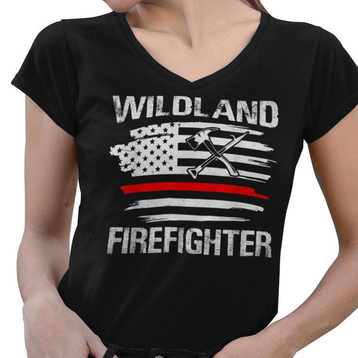 Firefighter Thin Red Line Wildland Firefighter American Flag Axe Fire Women V-Neck T-Shirt