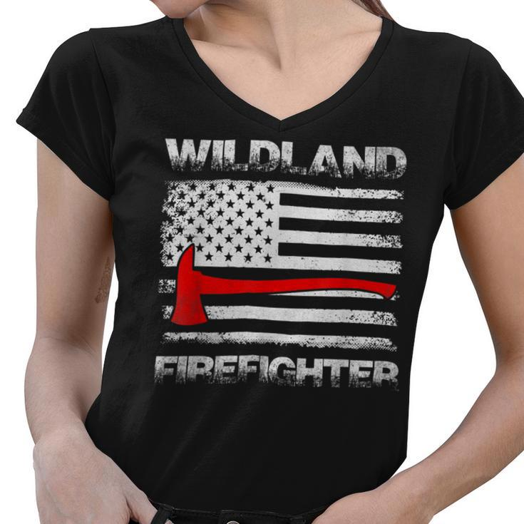 Firefighter Thin Red Line Wildland Firefighter American Flag Axe Fire_ Women V-Neck T-Shirt