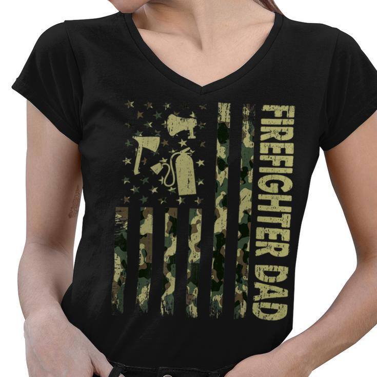 Firefighter Usa Flag Camouflage Firefighter Dad Patriotic Fathers Day Women V-Neck T-Shirt