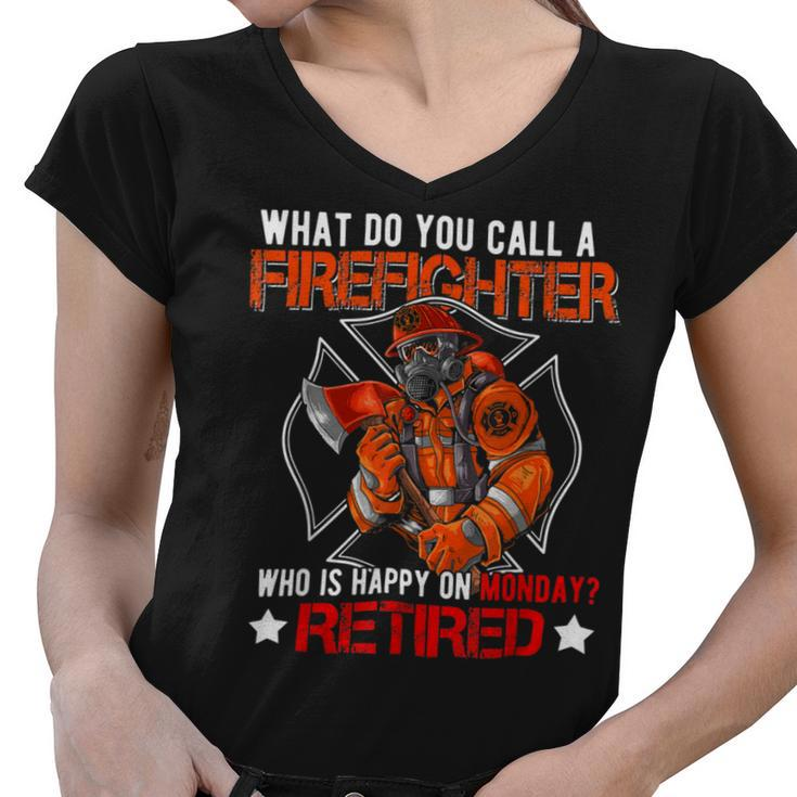 Firefighter Vintage Happy Retired Firefighter Funny Retirement Family_ Women V-Neck T-Shirt