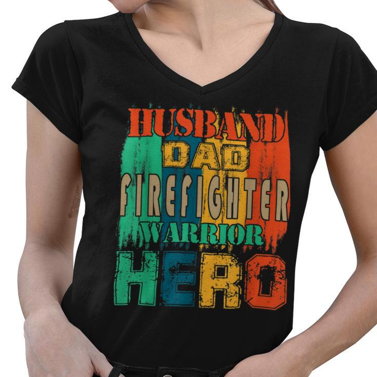 Firefighter Vintage Retro Husband Dad Firefighter Hero Matching Family V2 Women V-Neck T-Shirt