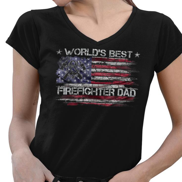 Firefighter Vintage Usa American Flag Worlds Best Firefighter Dad Funny Women V-Neck T-Shirt