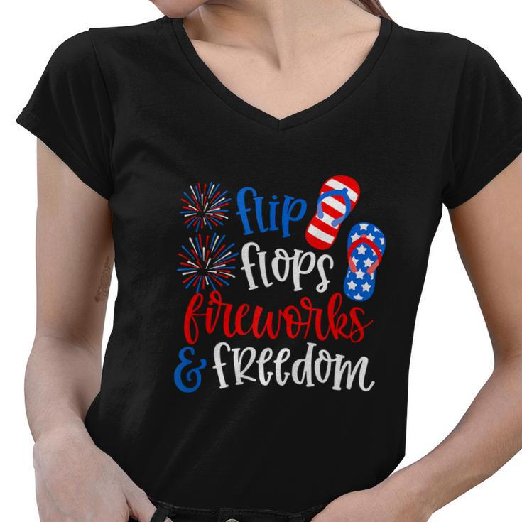 Flip Flops Fireworks Funny 4Th Of July Us Flag Women V-Neck T-Shirt