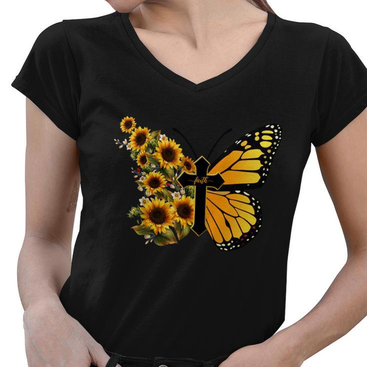 Floral Butterfly Faith Cross Women V-Neck T-Shirt