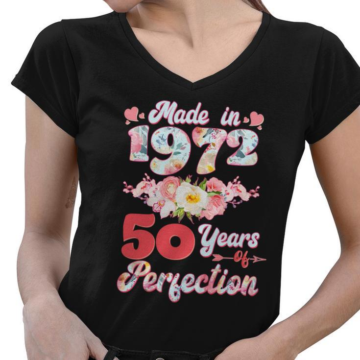 Flower Floral Made In 1972 50 Years Of Perfection 50Th Birthday Women V-Neck T-Shirt