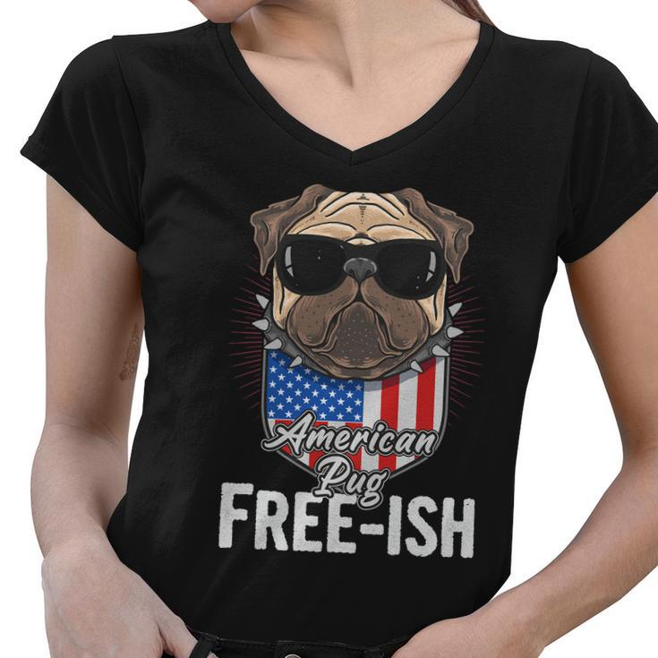 Freeish American Pug Dog Sunglasses Cute Funny 4Th Of July Independence Day Women V-Neck T-Shirt