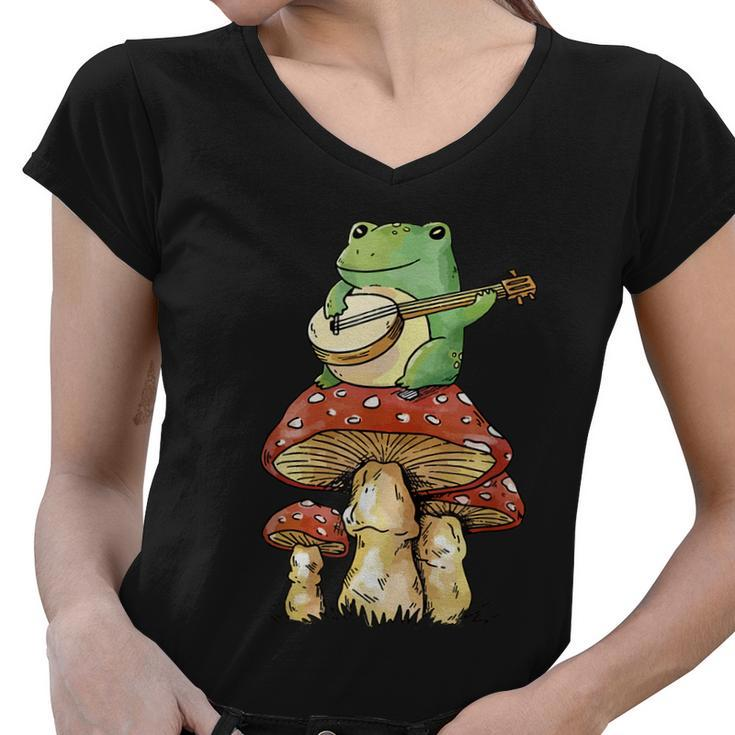Frog Playing Banjo On Mushroom Cute Cottagecore Aesthetic Women V-Neck T-Shirt