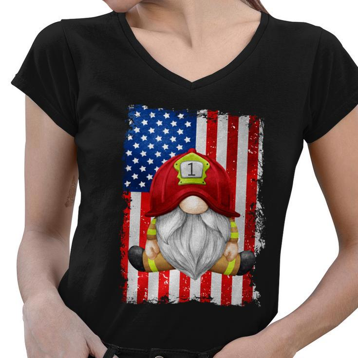 Funny 4Th Of July Gnome Patriotic American Flag Firefighter Gift Women V-Neck T-Shirt