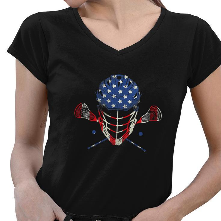 Funny 4Th Of July Lax Helmet Sticks American Flag Lacrosse Women V-Neck T-Shirt