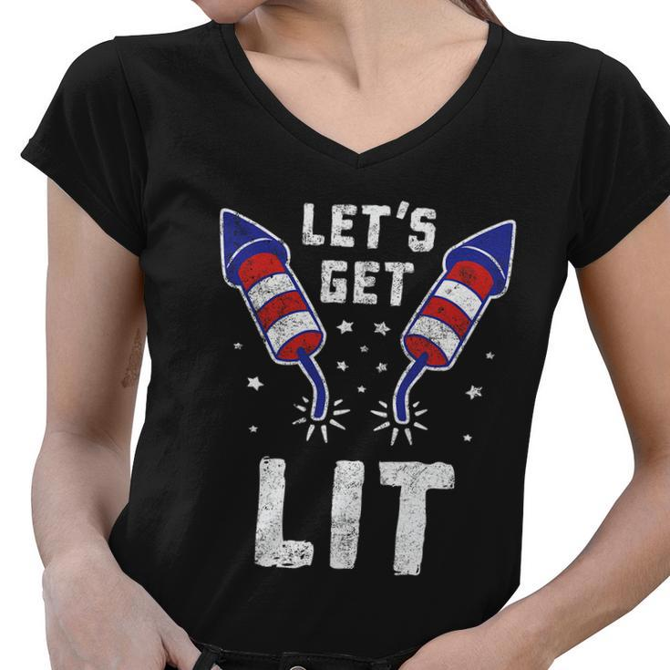 Funny 4Th Of July Let’S Get Lit For Men & Women Fun Novelty Women V-Neck T-Shirt