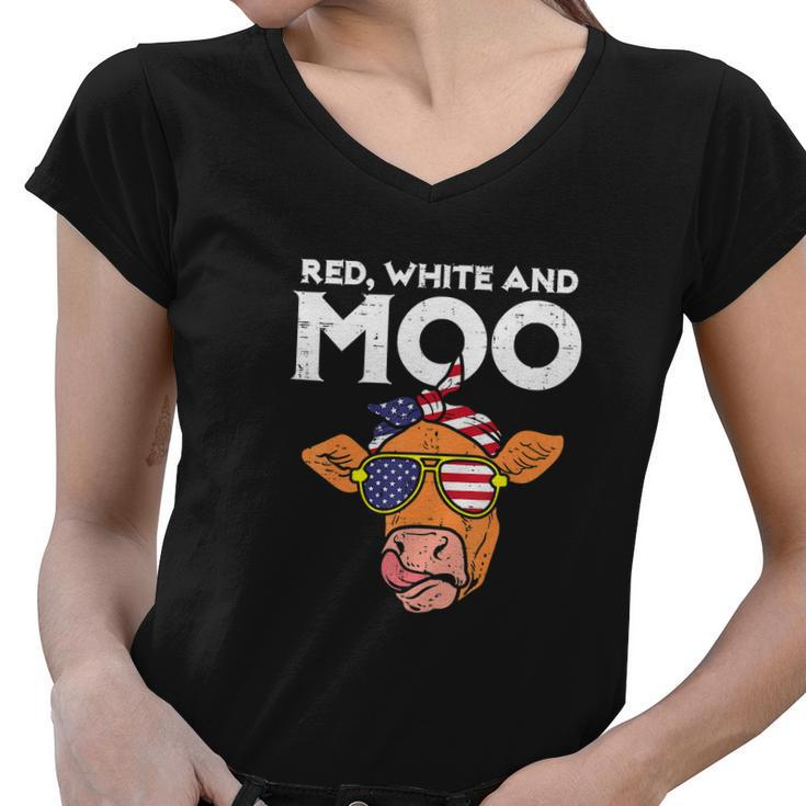 Funny 4Th Of July Red White And Moo Patriotic Cow Usa Flag Women V-Neck T-Shirt