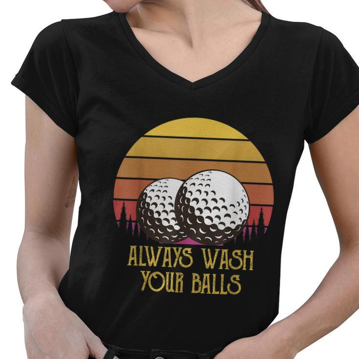 Funny Adult Humor Retro Sunset Golf Always Wash Your Balls Women V-Neck T-Shirt