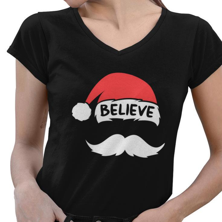 Funny Believe Santa Hat White Mustache Kids Family Christmas Women V-Neck T-Shirt