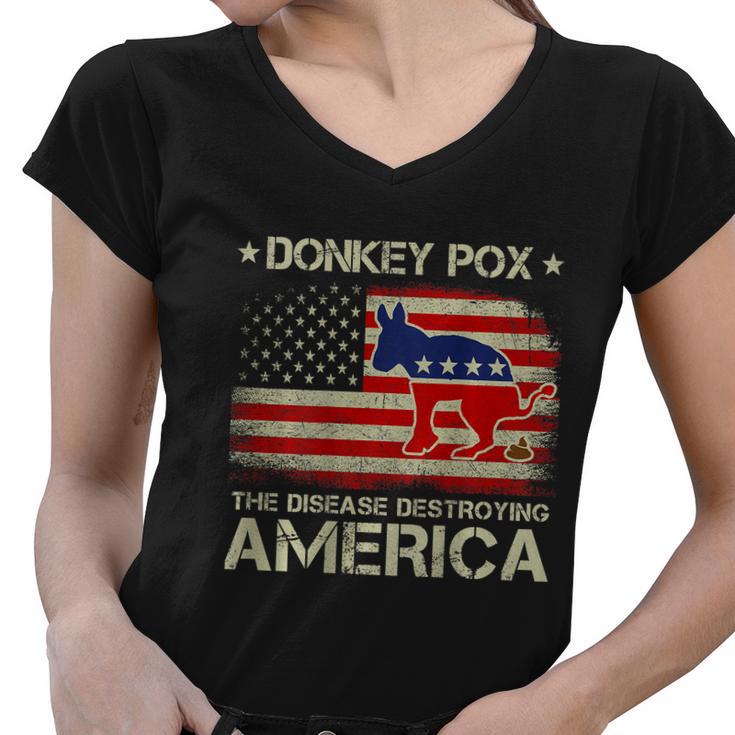 Funny Biden Donkey Pox The Disease Destroying Vintage America Flag Women V-Neck T-Shirt