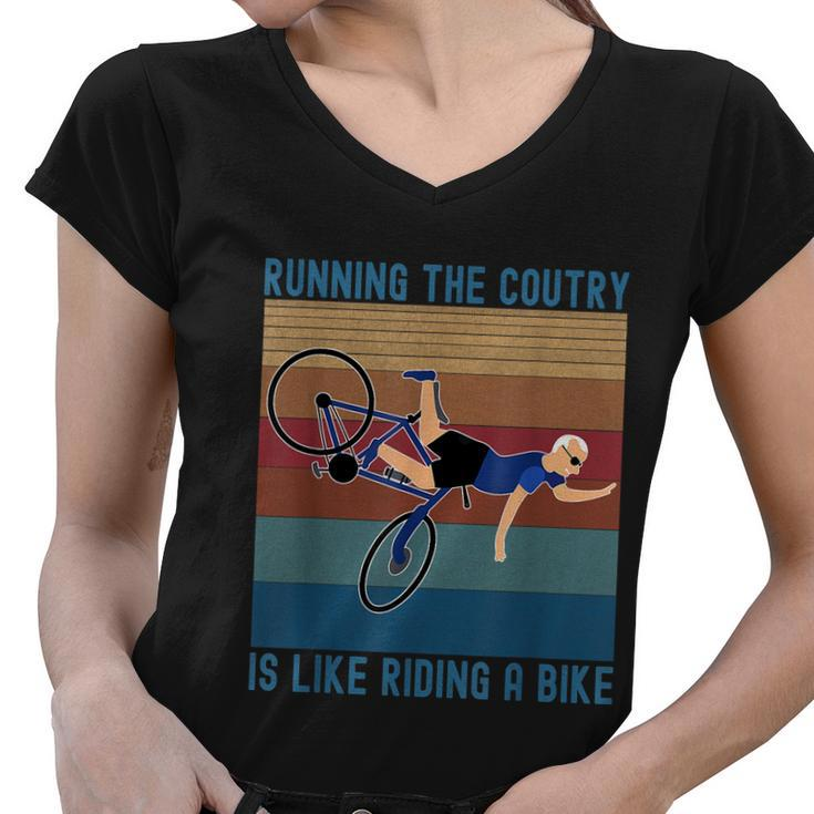 Funny Biden Falls Off Bike Running The Country Like Riding A Bike V3 Women V-Neck T-Shirt