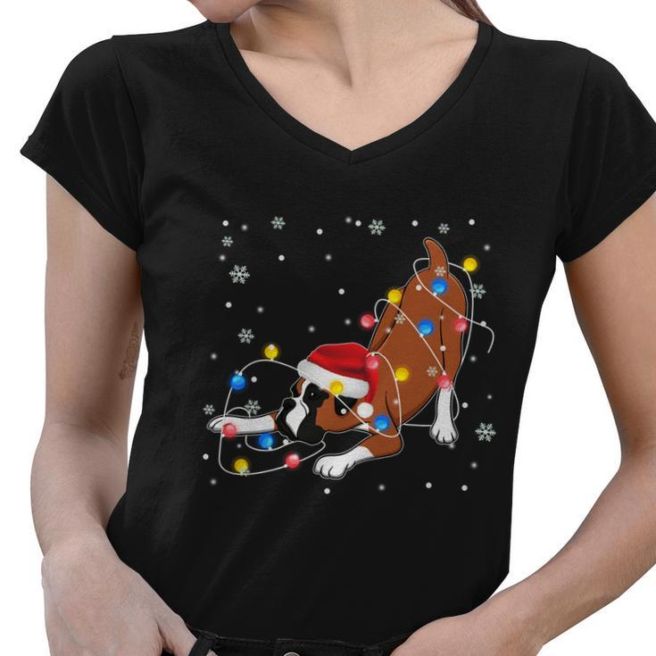 Funny Boxer Santa Hat Christmas Lights Xmas Dog Lover Owner Gift Women V-Neck T-Shirt