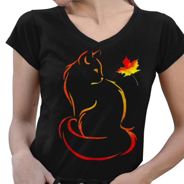 Funny Cat Leaf Fall Hello Autumn For Cute Kitten  V2 Women V-Neck T-Shirt