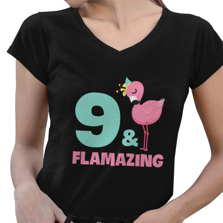 Funny Flamingo Girl Birthday Party 9 Years Old Women V-Neck T-Shirt