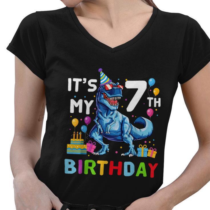 Funny Kids Its My 7Th Birthday Gift Happy 7 Year Trex Gift Women V-Neck T-Shirt
