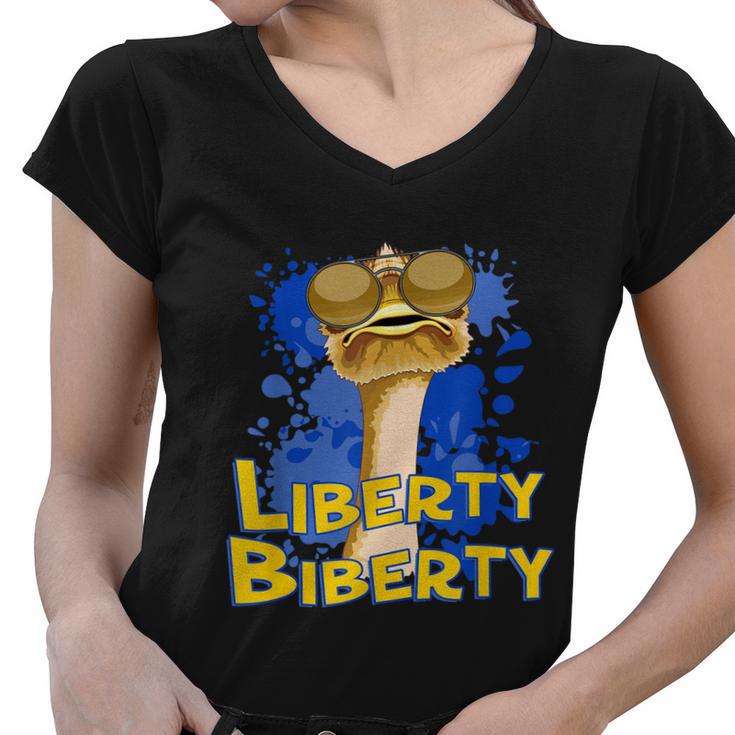 Funny Liberty Biberty Ostrich Sunglasses Humor Blue Women V-Neck T-Shirt