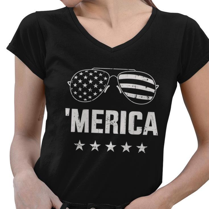 Funny Merica With Sunglasses And Flag For 4Th Of July Women V-Neck T-Shirt