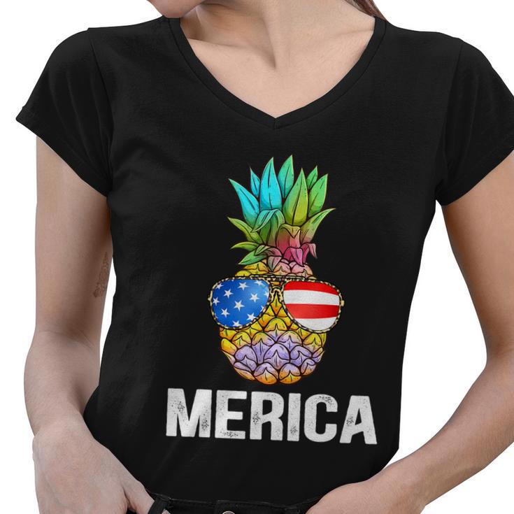 Funny Patriotic Pineapple 4Th Of July America Usa Flag Women V-Neck T-Shirt