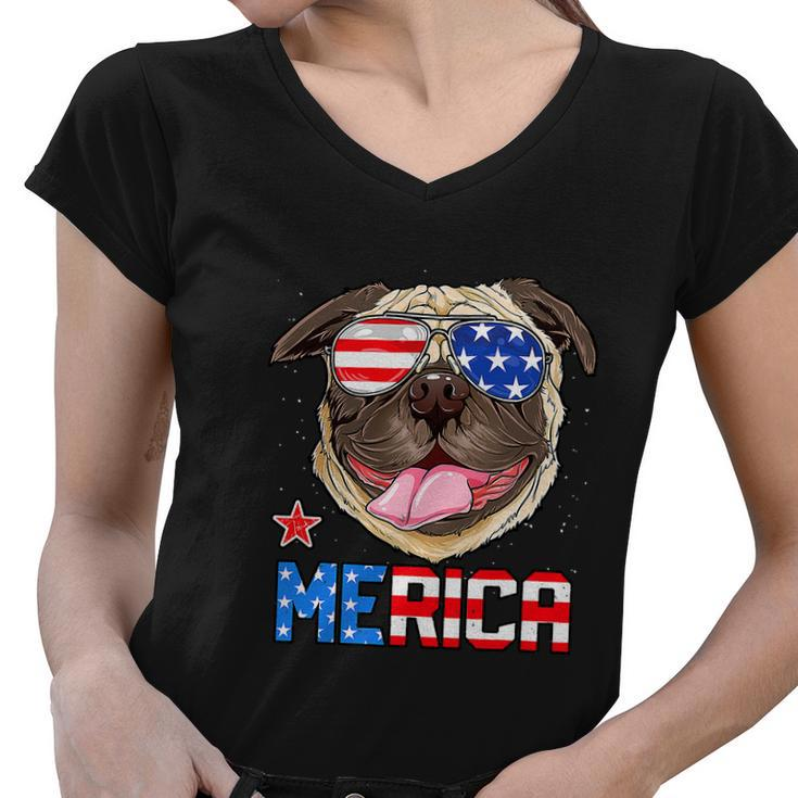 Funny Pug 4Th Of July Merica American Flag Women V-Neck T-Shirt