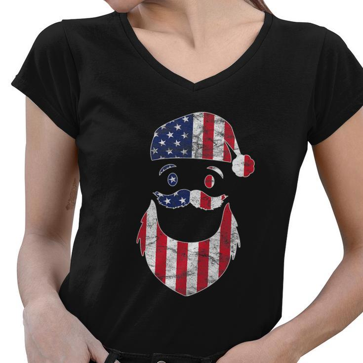 Funny Santa Claus Face American Flag Christmas For 4Th Of Flag Women V-Neck T-Shirt