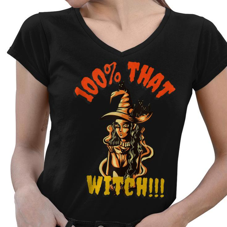 Funny Scary Halloween 100 That Witch Witchy Cat  Women V-Neck T-Shirt