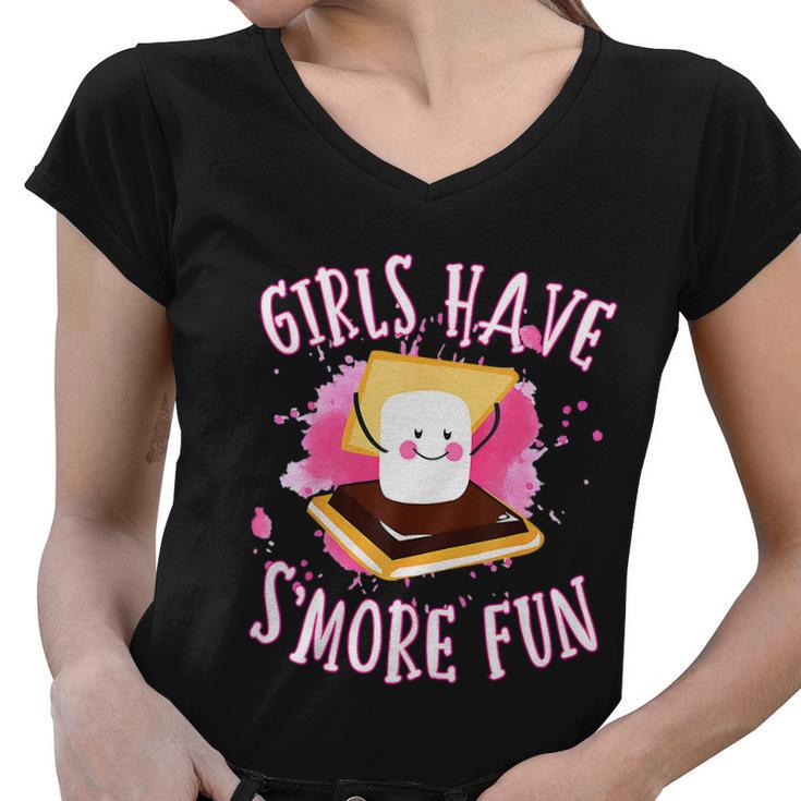 Funny Smores Camping Girls Have Smore Fun Camper Glamping Women V-Neck T-Shirt