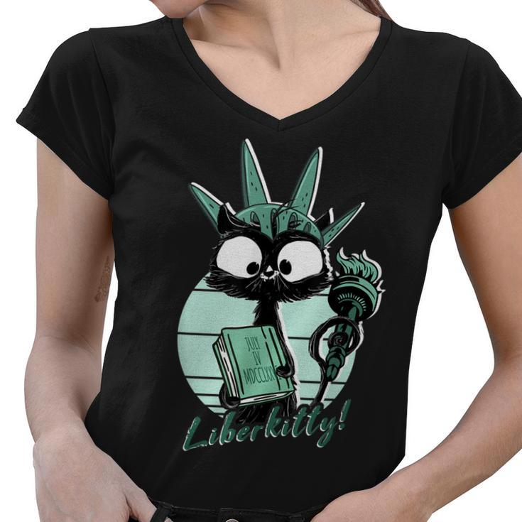 Funny Statue Of Liberty Cat | Liberkitty 4Th July Black Cat  Women V-Neck T-Shirt