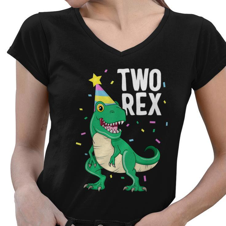 Funny Two Rex 2Nd Birthday Boy Gift Trex Dinosaur Party Happy Second Gift Women V-Neck T-Shirt