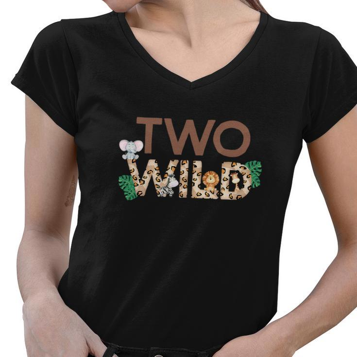 Funny Wild Two Animal Safari 2Nd Birthday Women V-Neck T-Shirt