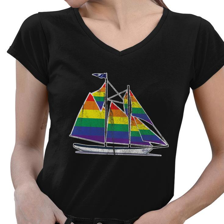 Gay Pride Sailboat Lgbt Lgbtq Rainbow Flag Women V-Neck T-Shirt
