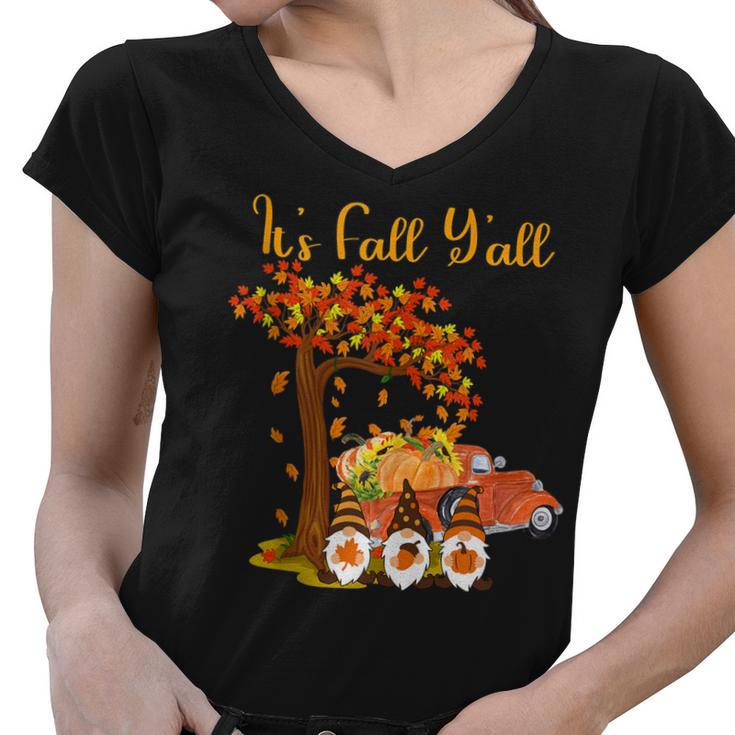 Gnomes Its Fall Yall Truck Pumpkin Tree Autumn Halloween  Women V-Neck T-Shirt