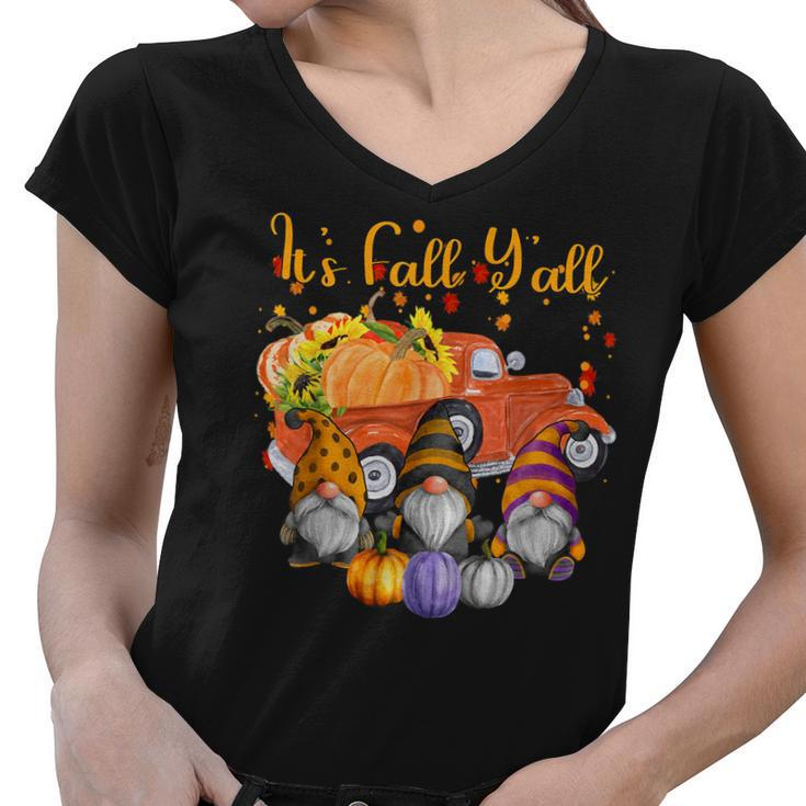 Gnomes Pumpkin Its Fall Yall Autumn Truck Cute Halloween  Women V-Neck T-Shirt