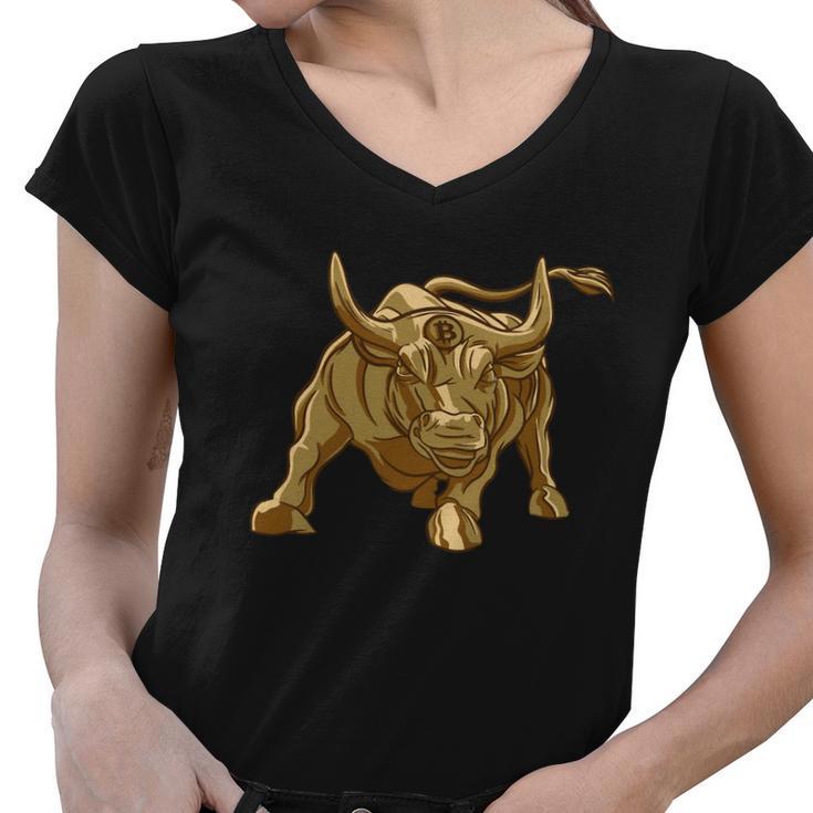 Gold Bitcoin Bull Women V-Neck T-Shirt