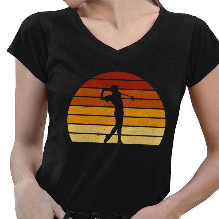 Golf Retro Sunset Golfing Women V-Neck T-Shirt