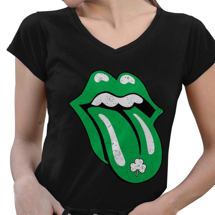 Green Lips Tongue Irish Shamrock St Patricks Day Gift Women V-Neck T-Shirt