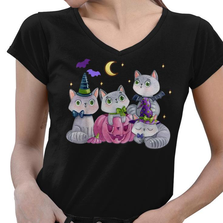 Halloween Cats Anime Cat Kawaii Neko Pumpkin Cat Lover Witch  V2 Women V-Neck T-Shirt