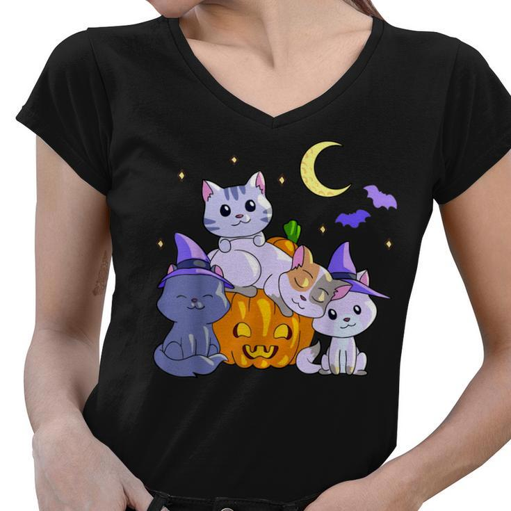 Halloween Cats Anime Cat Kawaii Neko Pumpkin Cat Lover Witch  V3 Women V-Neck T-Shirt