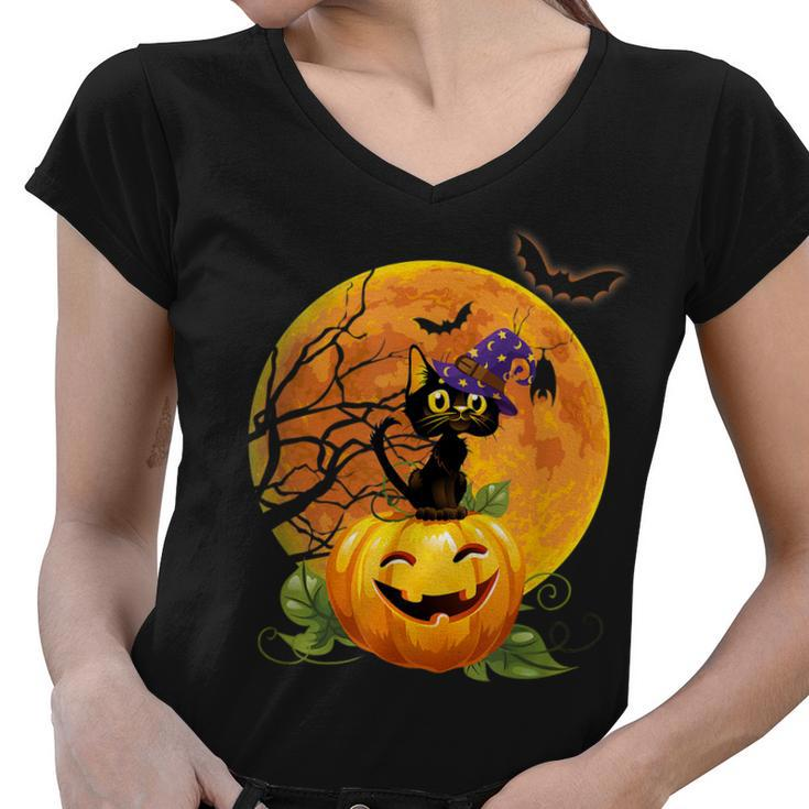 Halloween Cute Witch Cat Mom Pumpkin Moon Spooky Cat  Women V-Neck T-Shirt