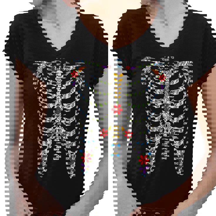 Halloween Day Of Dead Skeleton Flowers Decorated Women V-Neck T-Shirt