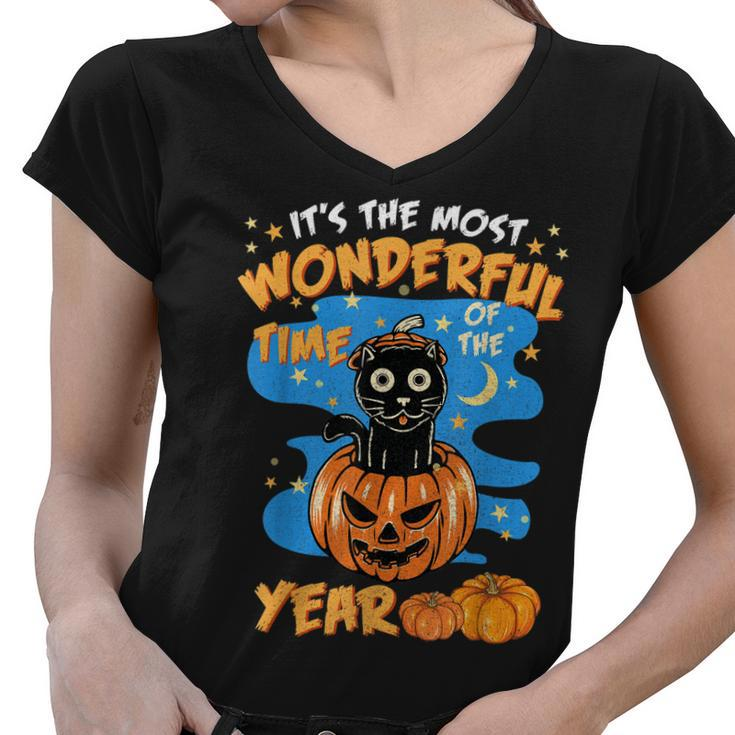 Halloween Its The Most Wonderful Time Of The Year Cat Witch  Women V-Neck T-Shirt - Thegiftio