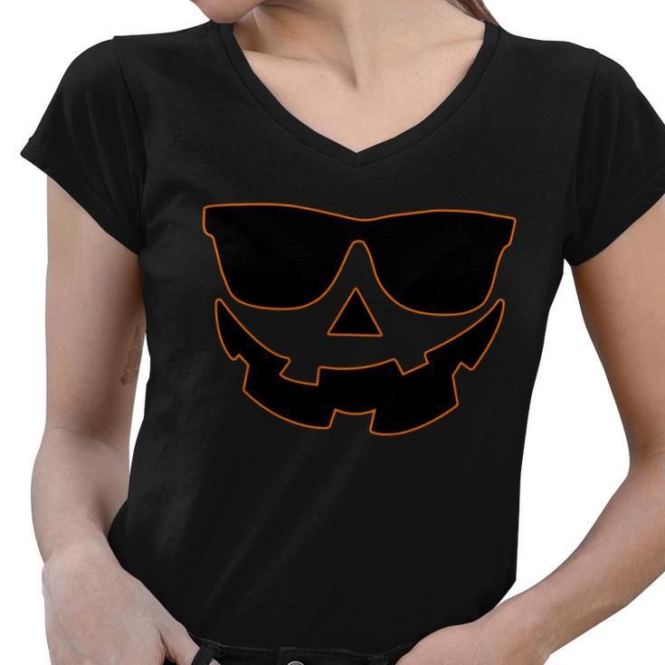 Halloween Jack-O- Lantern With Shades Women V-Neck T-Shirt