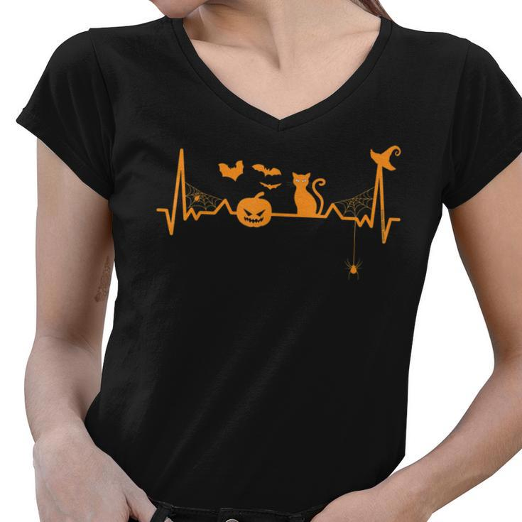 Halloween Lovers Heartbeat Pumpkin Black Cat - Halloween  Women V-Neck T-Shirt