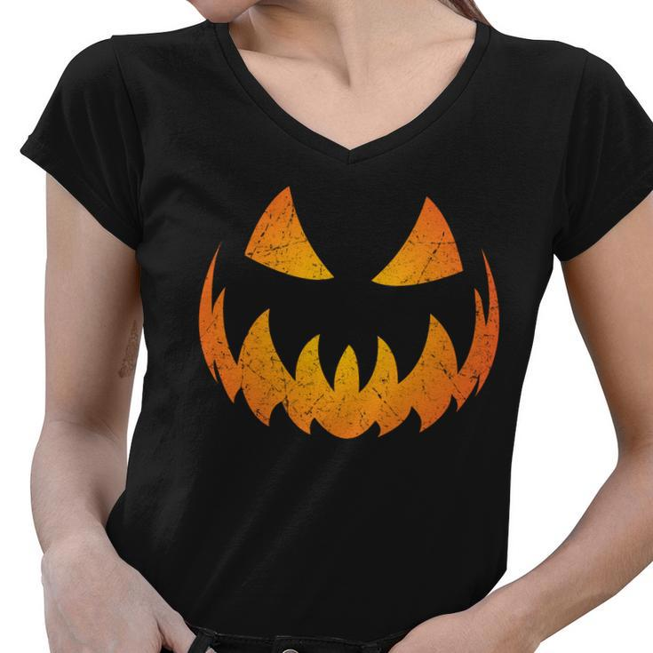 Halloween Pumpkin Jack Olantern Face Women V-Neck T-Shirt