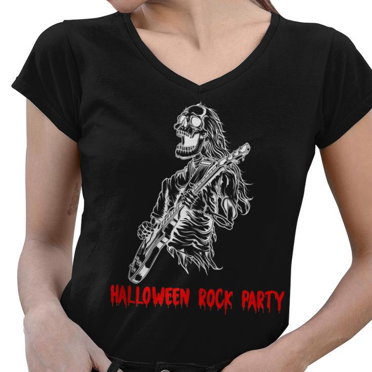 Halloween Rock Party Dancing Guitar Skeleton Playing Rock  Women V-Neck T-Shirt