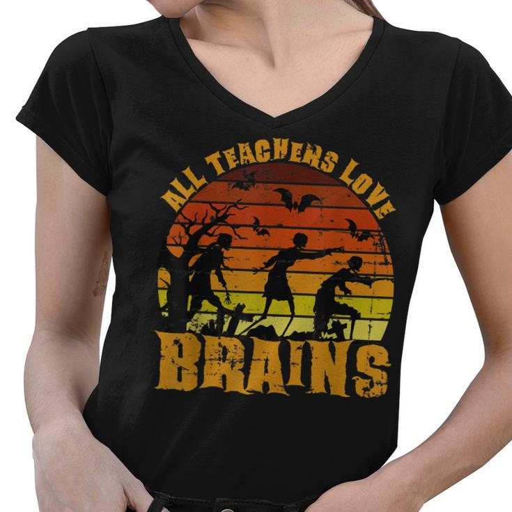 Halloween School Teacher All Teachers Love Brains  Women V-Neck T-Shirt