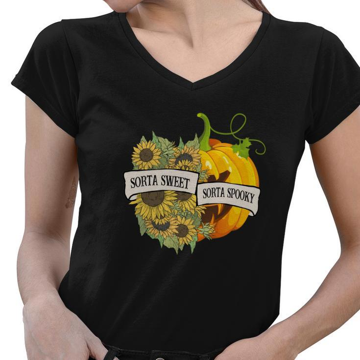 Halloween Sorta Sweet Sorta Spooky Pumpkin Sunflower Women V-Neck T-Shirt